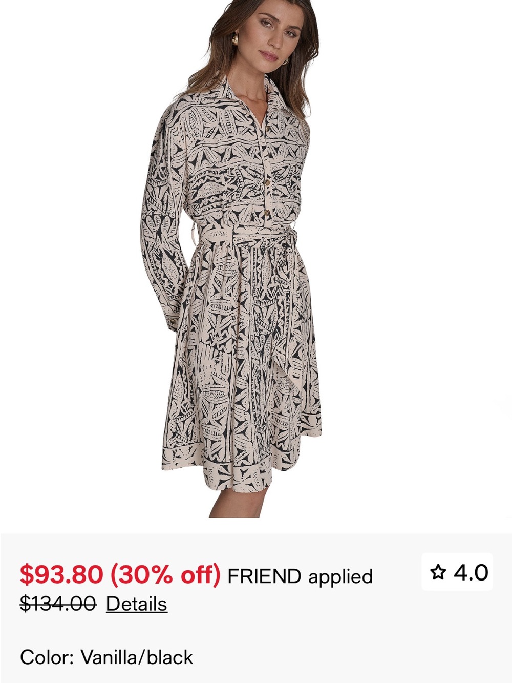 H by Halston Vanilla and Black Printed Long-Sleeve Shirt Dress